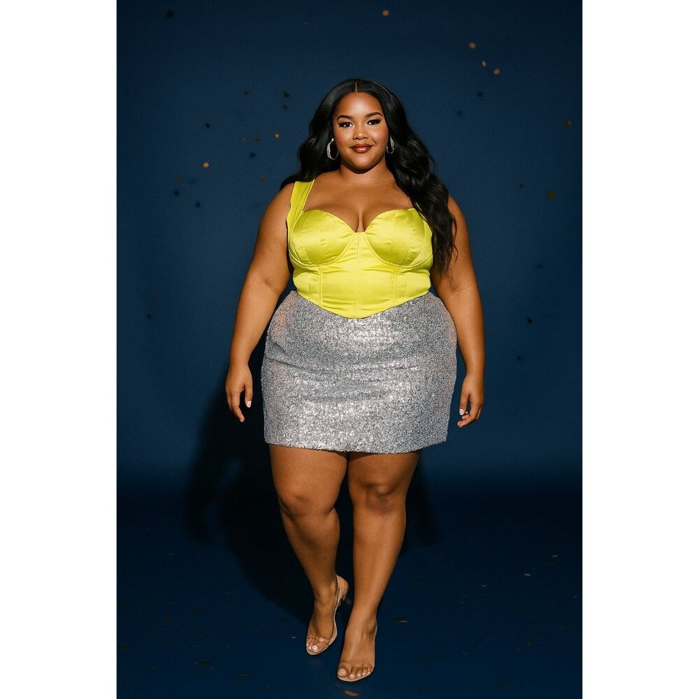 Chartreuse Satin Corset Top Ruched Bust PrettyLittleThing Size 18